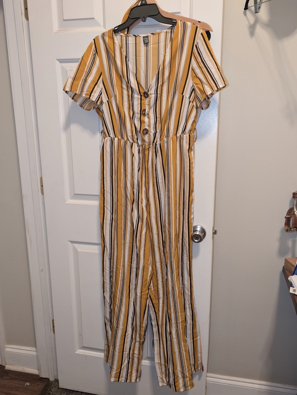 Striped Mustard Yellow Button-Front Jumpsuit with tie-waist sash